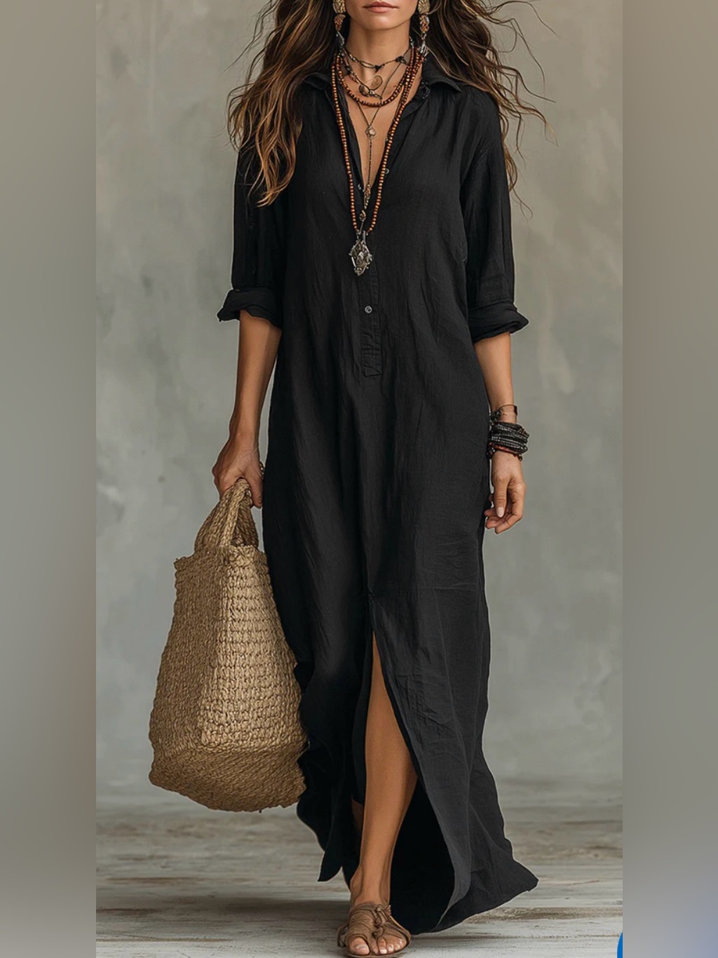 Nwtblack Bohemian Button-Front Shirt Maxi Dress